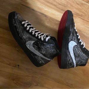 Custom Nike Blazers Mid  Black/ White Cracked out Red Sole. Drop down Swoosh